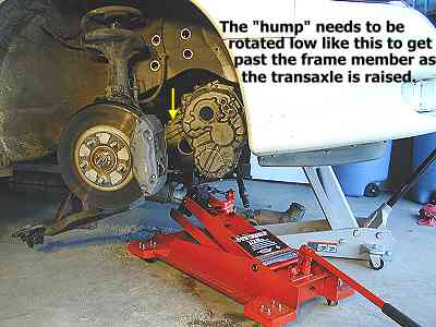 Transaxle on transmission jack ready to raise